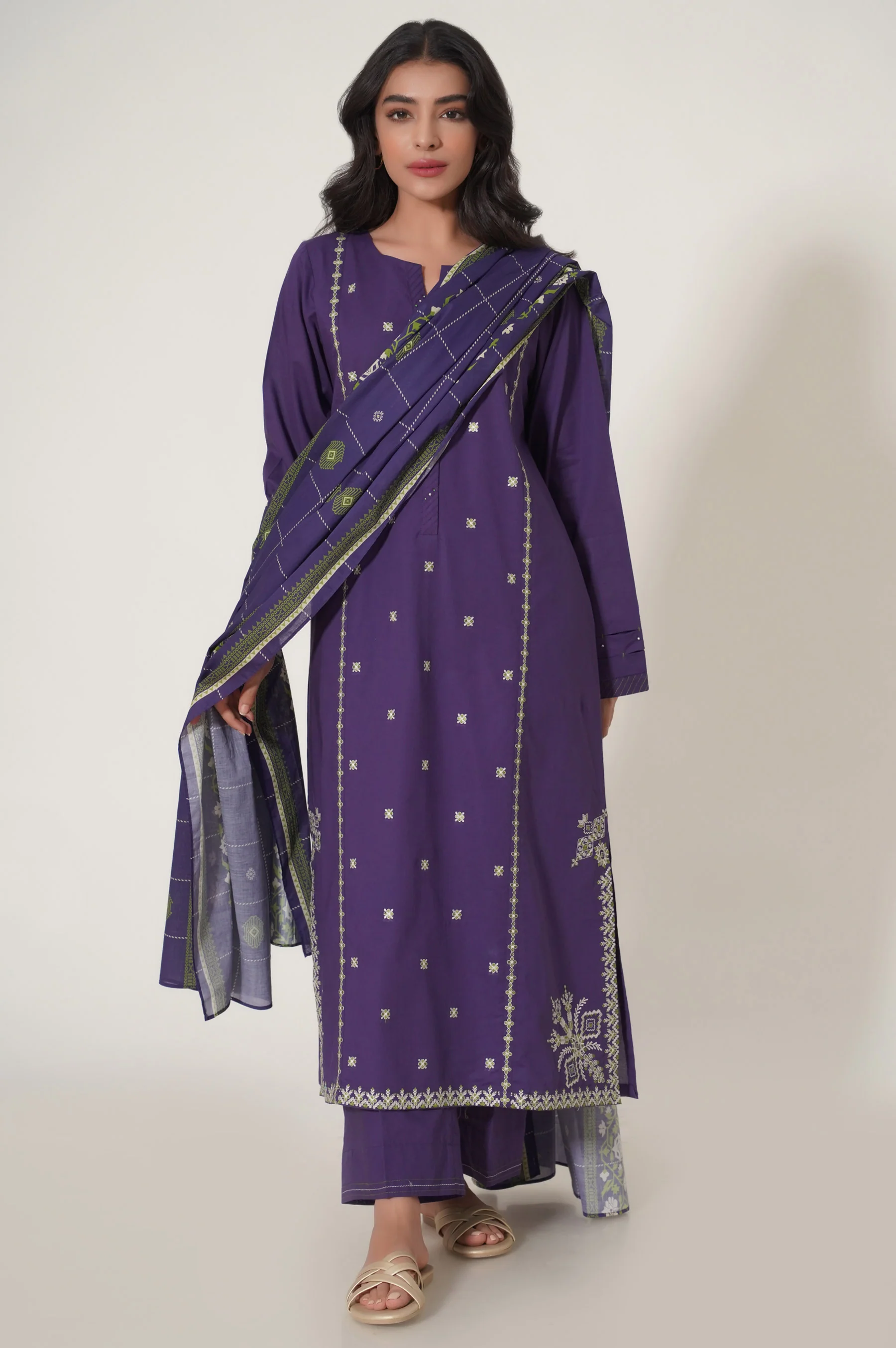 Unstitch 3 Piece Embroidered Slub Cambric Suit