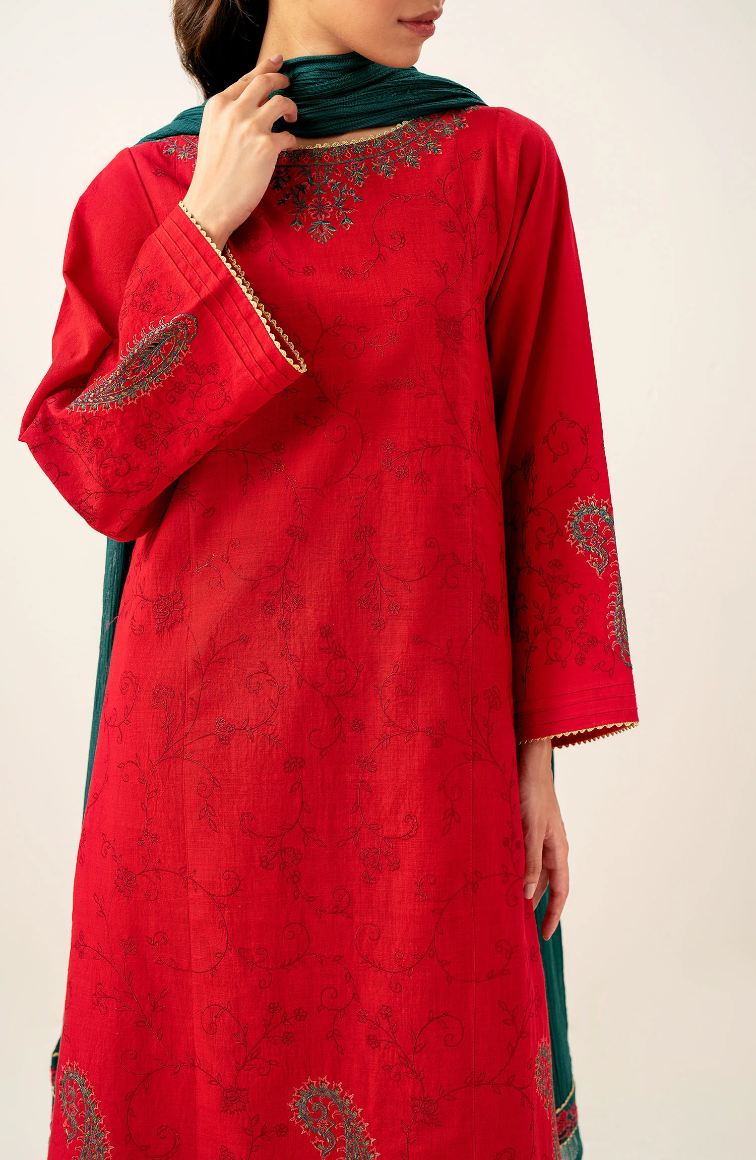 Unstitched 3 Piece Embroidered Slub Lawn with Cotton Net Dupatta - Image 6