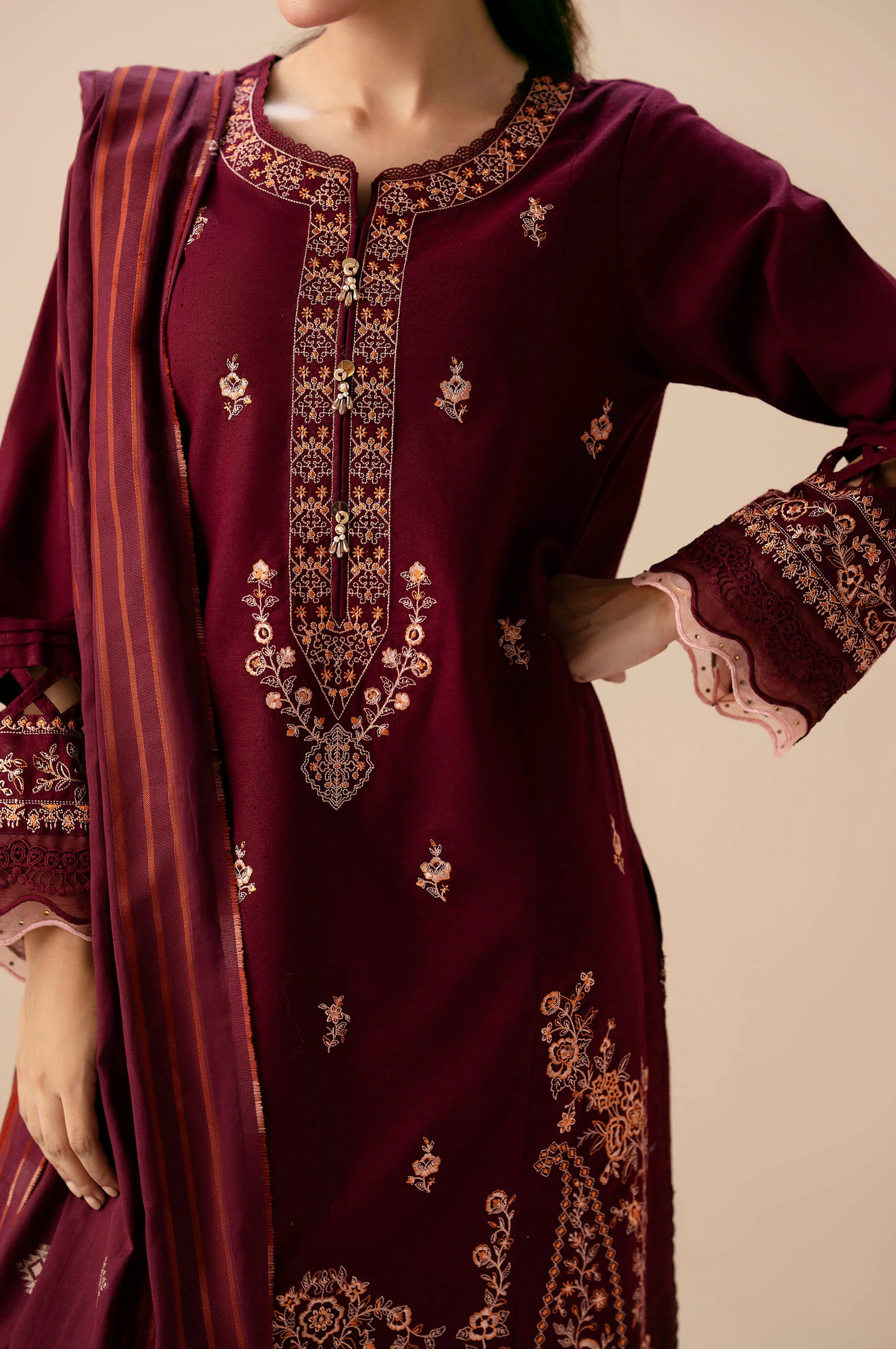 Unstitched 3 Piece Embroidered Textured Slub Suit - Image 6