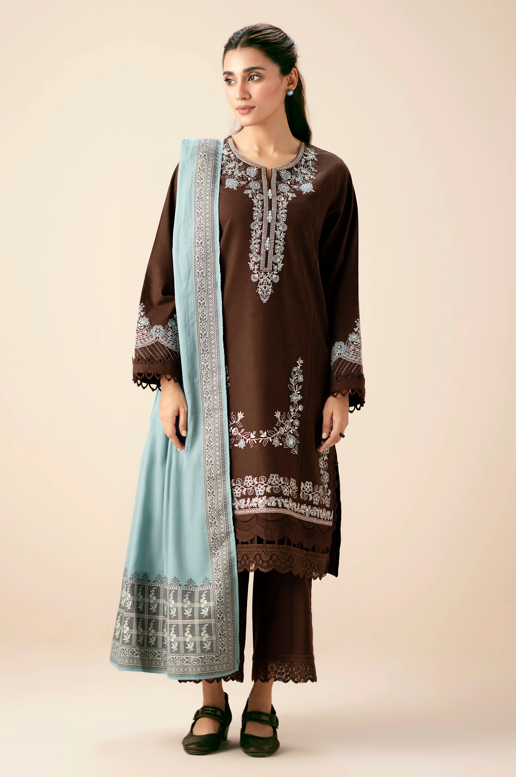 Unstitched 3 Piece Embroidered Textured Slub Suit - Image 2