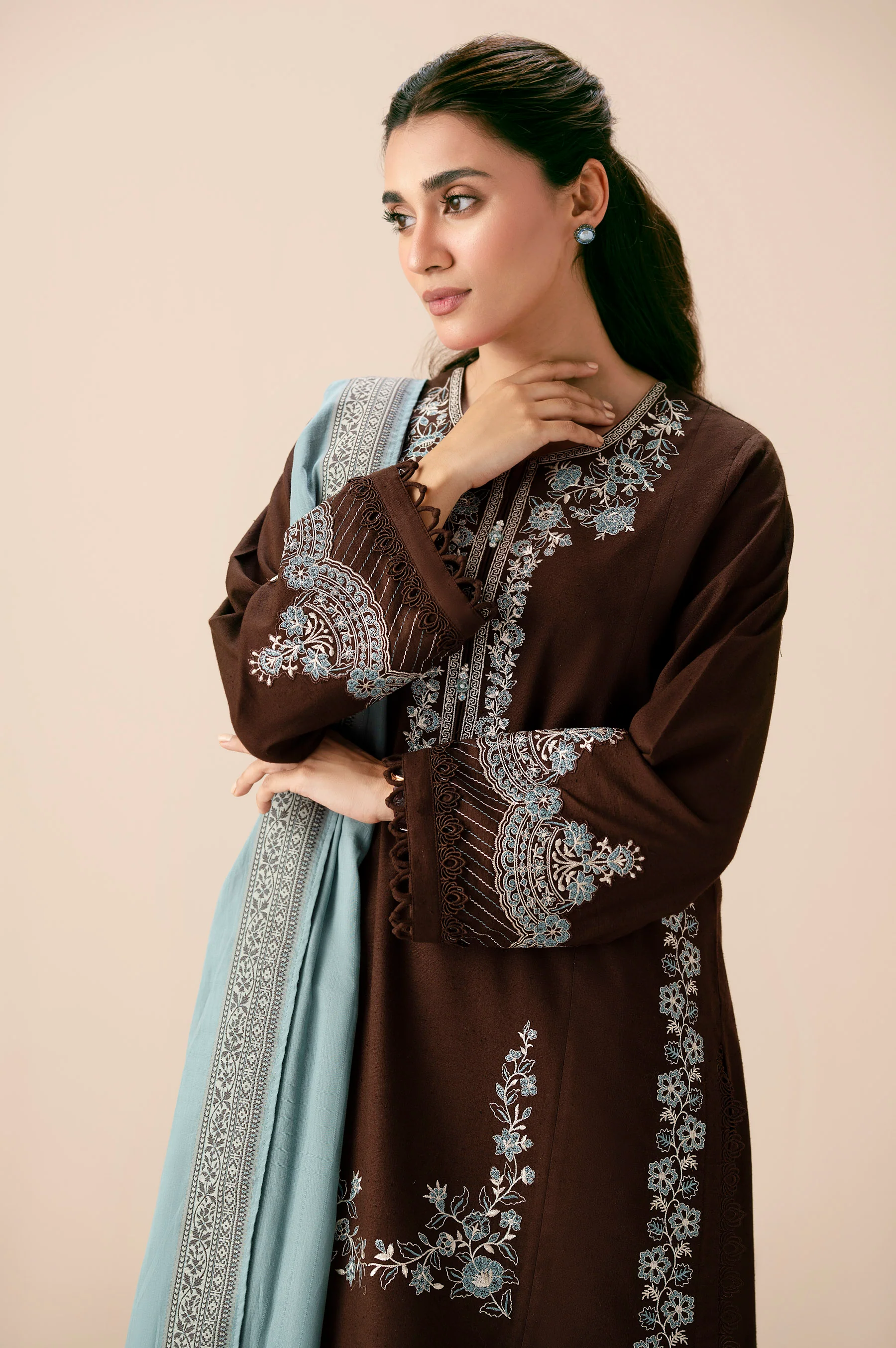 Unstitched 3 Piece Embroidered Textured Slub Suit - Image 3