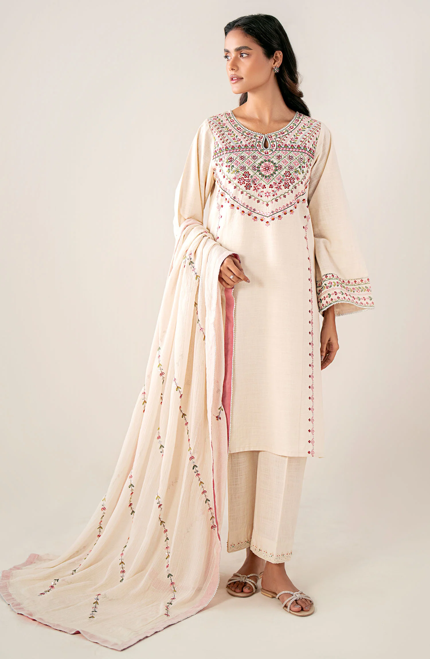 Unstitched 3 Piece Embroidered Textured Suit - Image 5