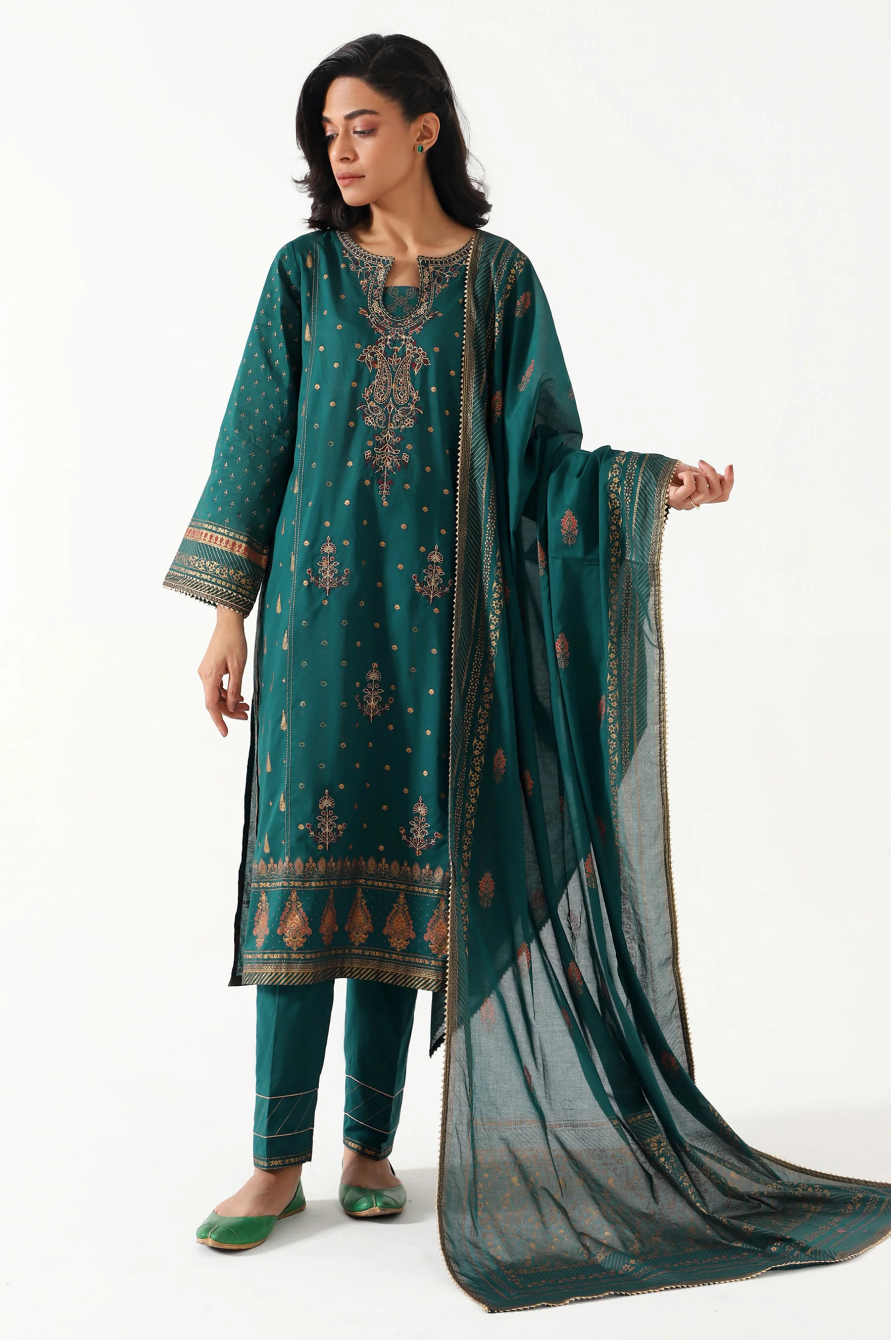 Unstitched 3 Piece Gold & Colored Paste Lawn Suit