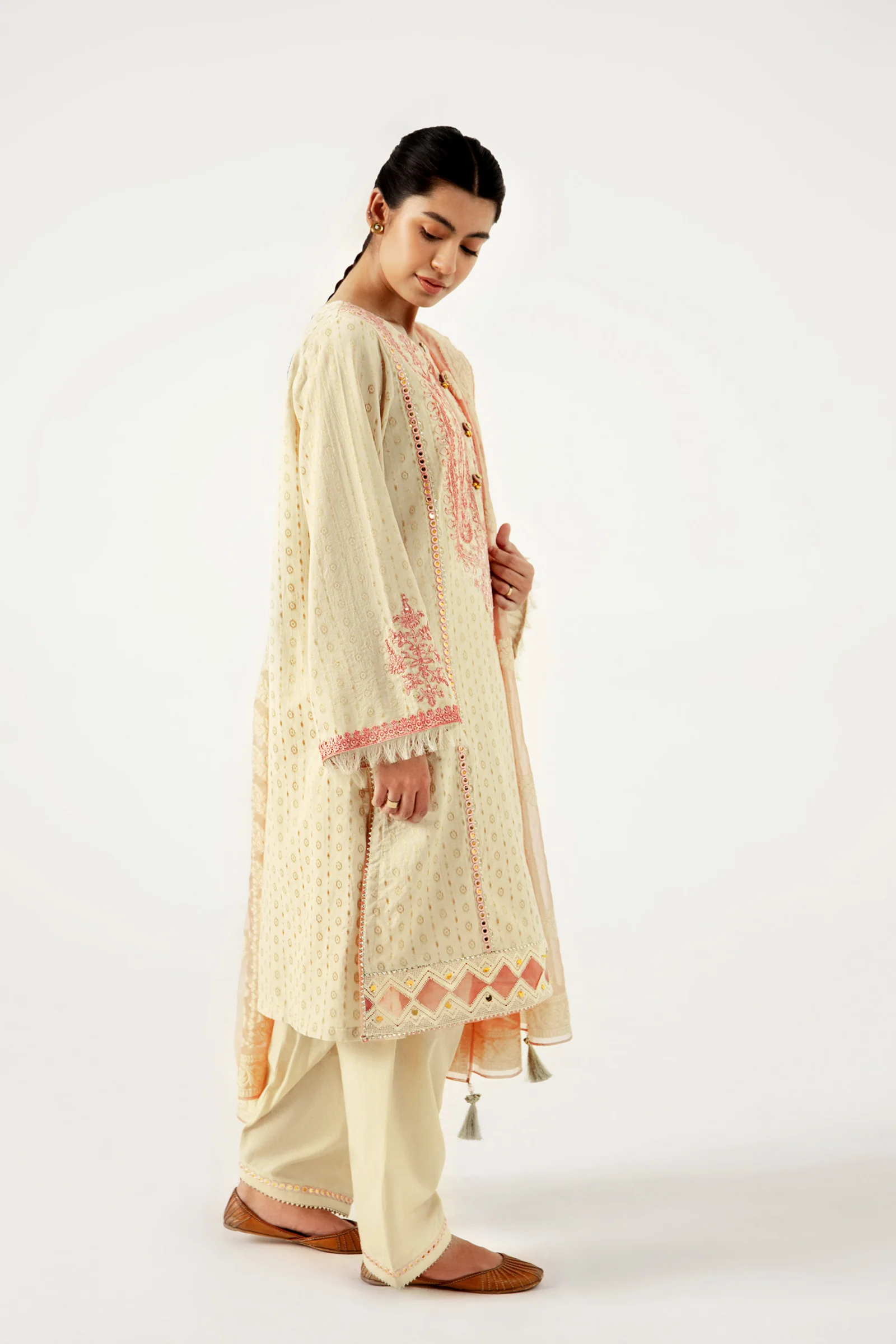 Unstitched 3 Piece Maysuri Jacquard Shirt with Cotton Net Jacqaurd Dupatta - Image 2