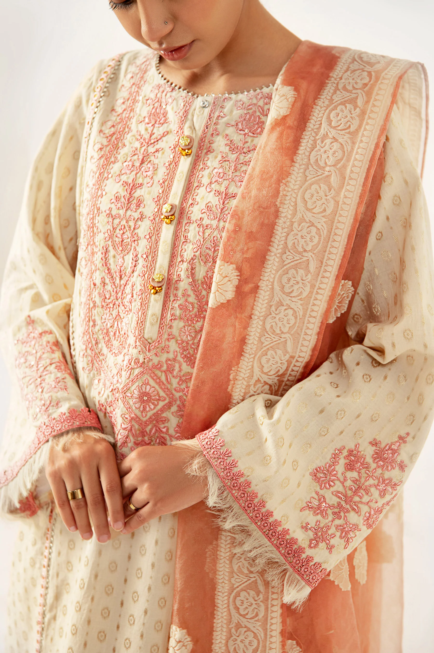 Unstitched 3 Piece Maysuri Jacquard Shirt with Cotton Net Jacqaurd Dupatta - Image 6