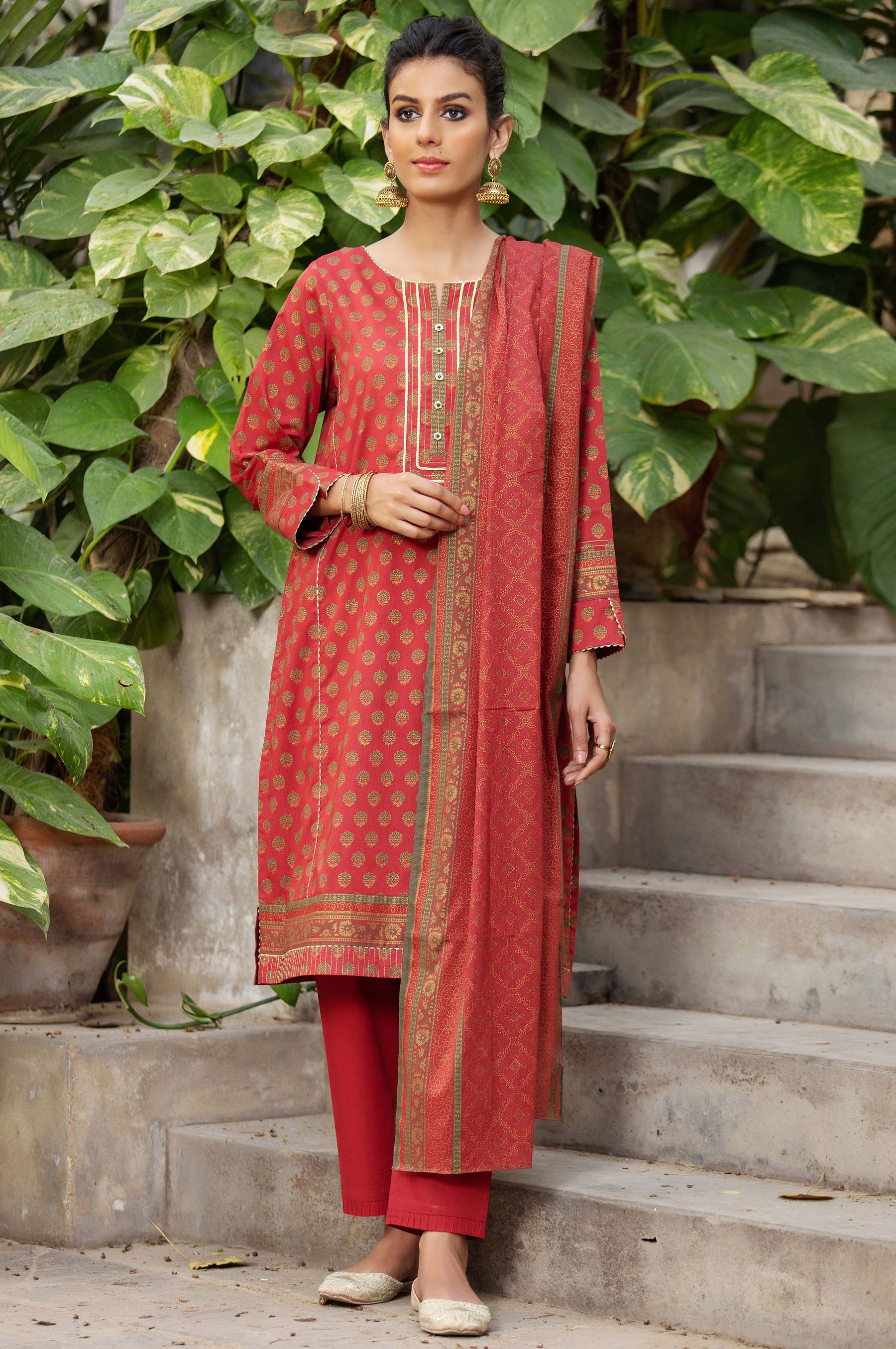 Unstitched 3 Piece Printed Gold & Colored Paste Lawn Suit