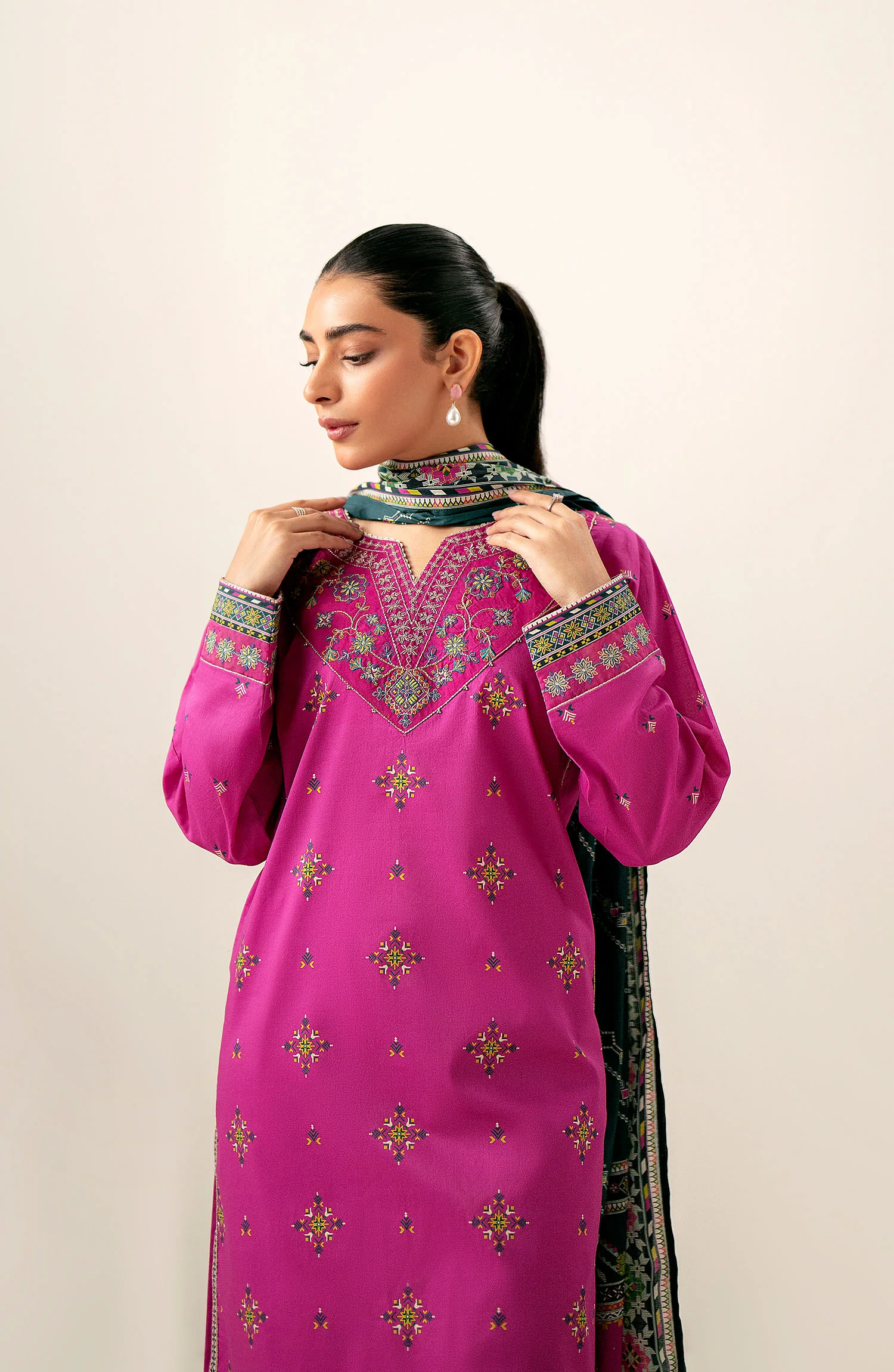 Unstitched 3 Piece Printed Lawn Suit with Cambric Bottom