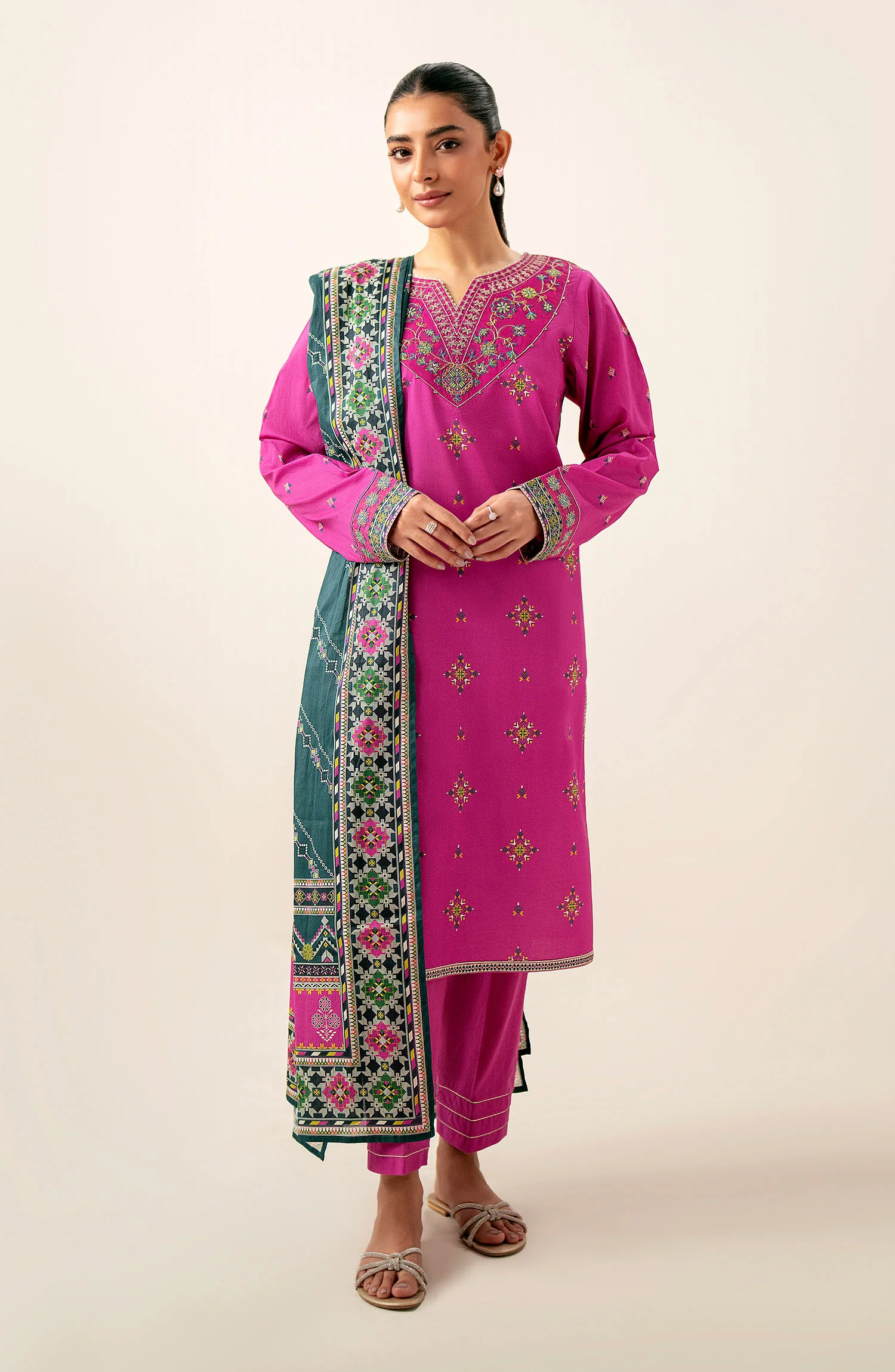 Unstitched 3 Piece Printed Lawn Suit with Cambric Bottom - Image 2