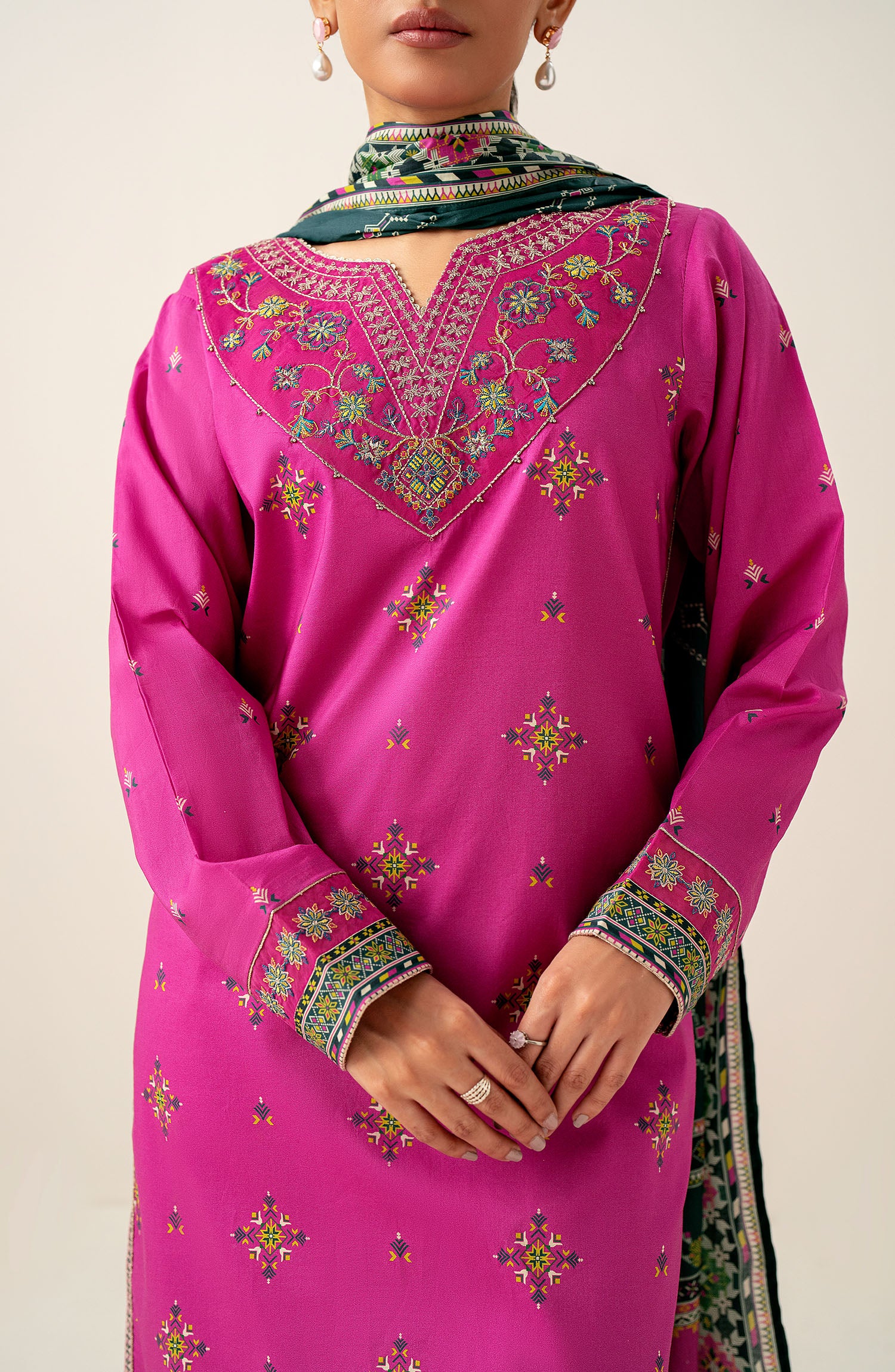 Unstitched 3 Piece Printed Lawn Suit with Cambric Bottom - Image 3