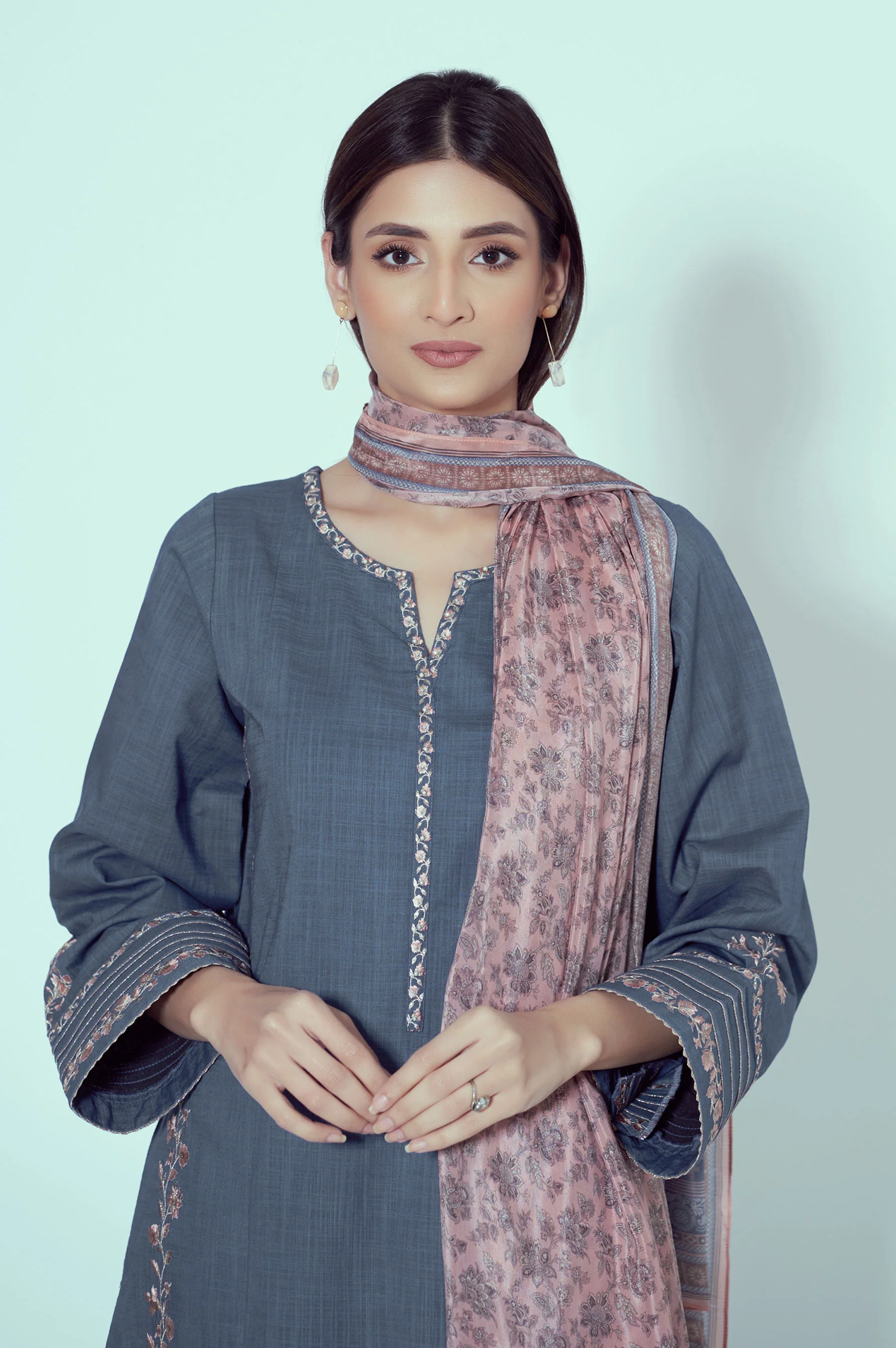 Unstitched 3 Piece Embroidered Textured Slub Suit - Image 3