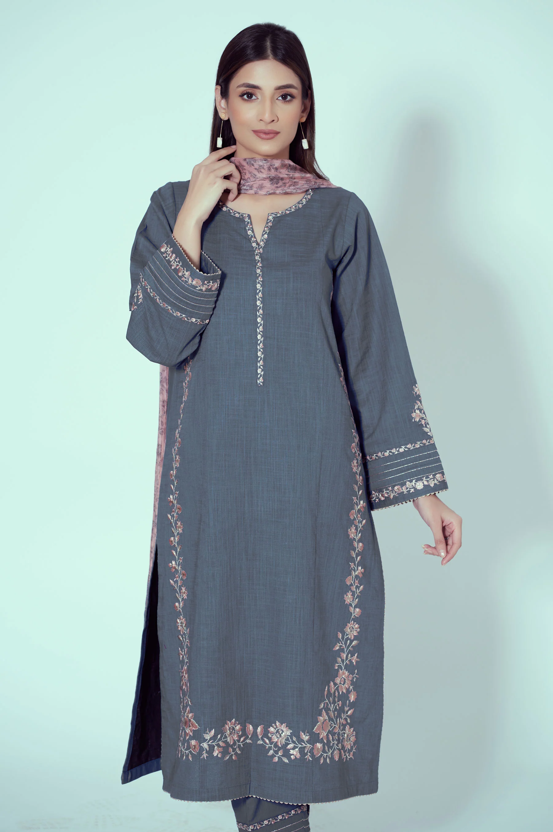 Unstitched 3 Piece Embroidered Textured Slub Suit - Image 5