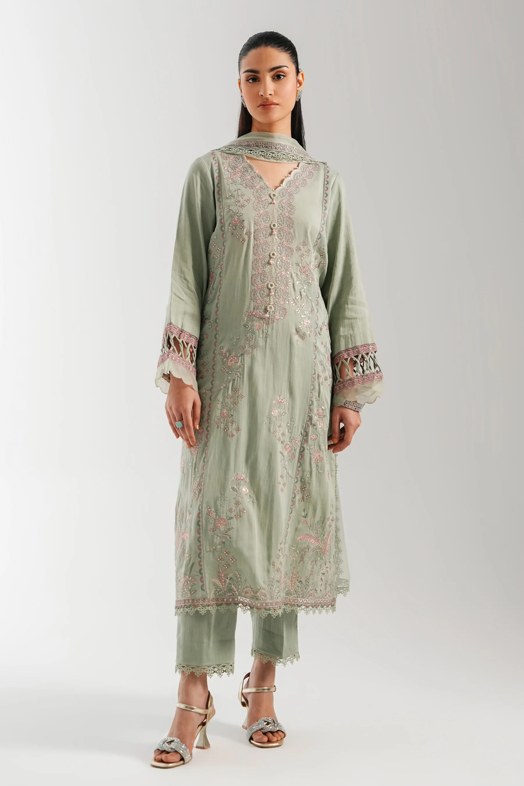 EMBROIDERED COTTON SATIN UNSTITCHED SHIRT BOTTOM