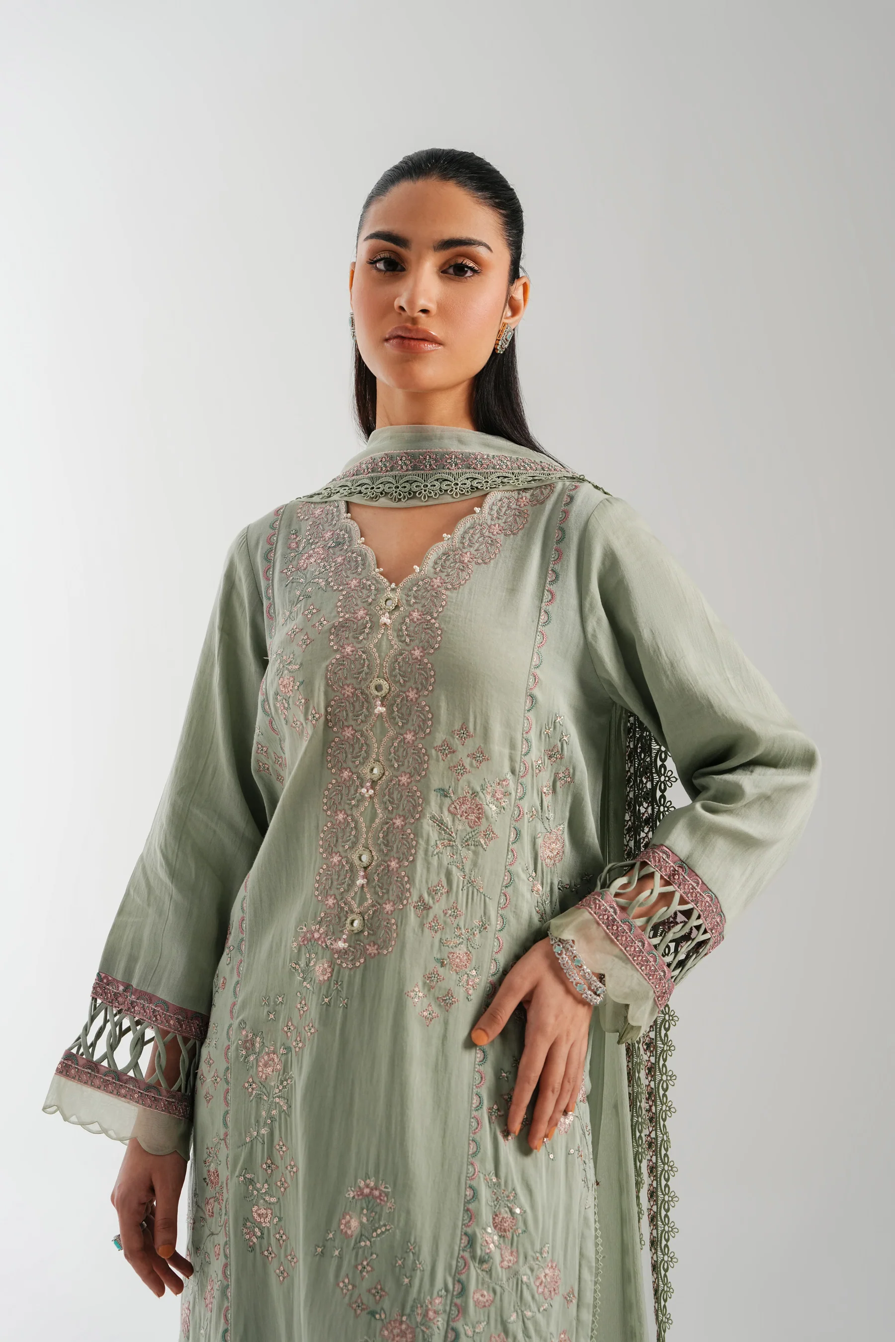 EMBROIDERED COTTON SATIN UNSTITCHED SHIRT BOTTOM - Image 2