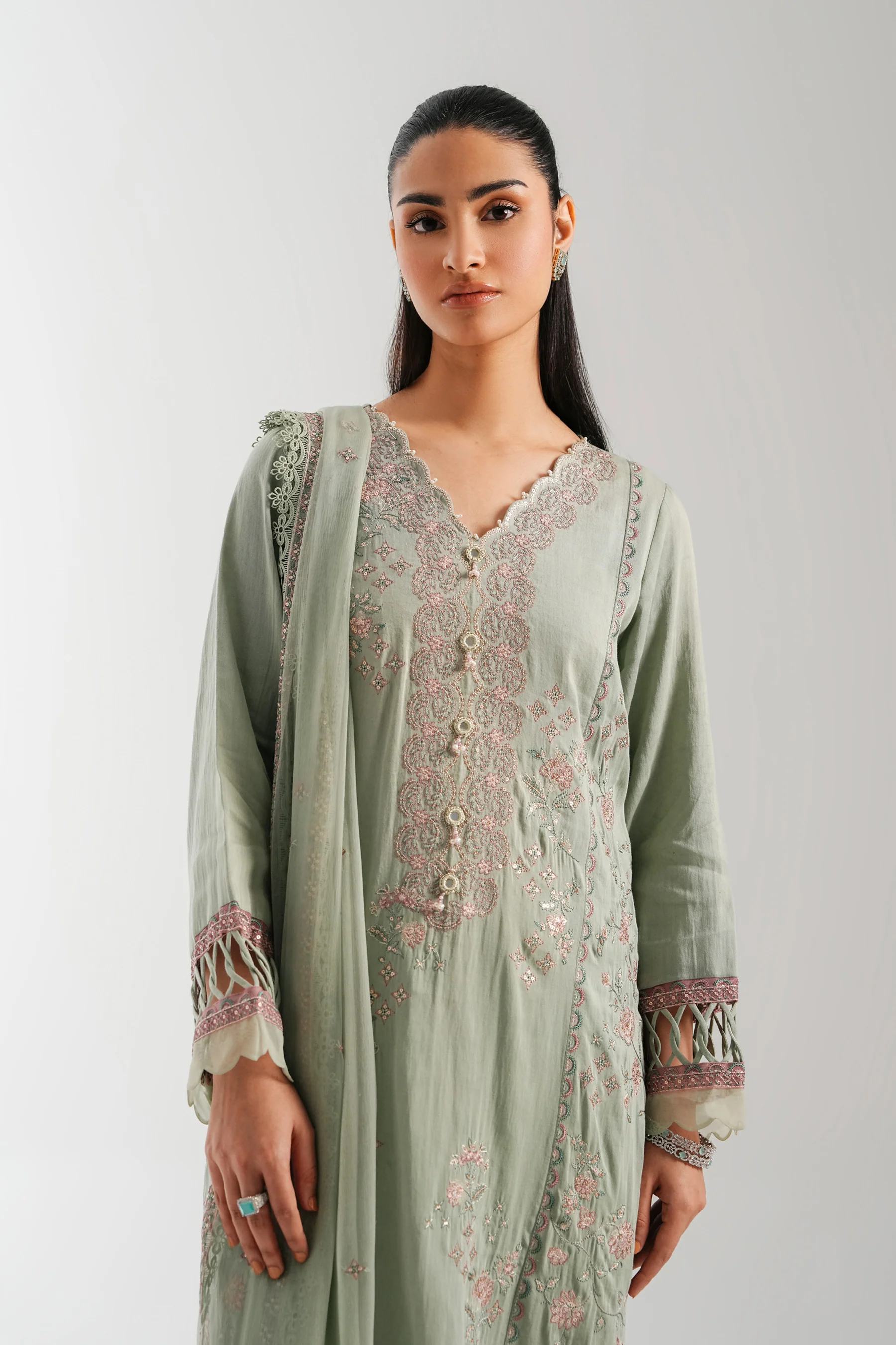 EMBROIDERED COTTON SATIN UNSTITCHED SHIRT BOTTOM - Image 5